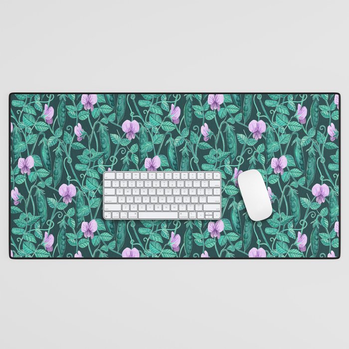 Fresh Garden Pea Floral on Dark Green Desk Mat