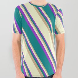 [ Thumbnail: Tan, Light Yellow, Dark Orchid, and Teal Colored Stripes Pattern All Over Graphic Tee ]