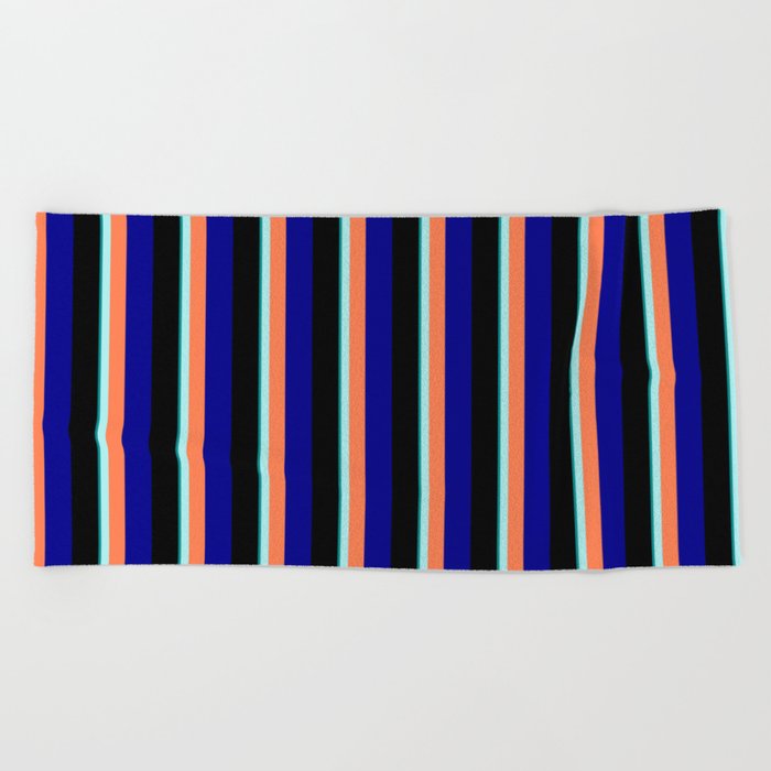 Eye-catching Dark Cyan, Turquoise, Coral, Dark Blue, and Black Colored Striped Pattern Beach Towel