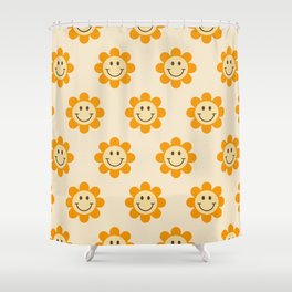 70s Retro Smiley Floral Face Pattern in yellow and beige Shower Curtain