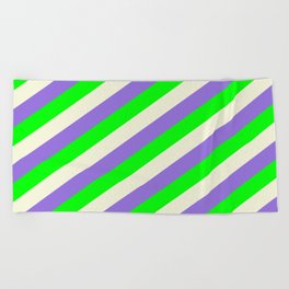 [ Thumbnail: Purple, Lime, and Beige Colored Lines/Stripes Pattern Beach Towel ]