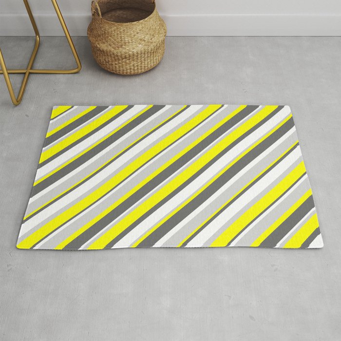 Yellow, Dim Gray, White & Light Grey Colored Stripes Pattern Rug