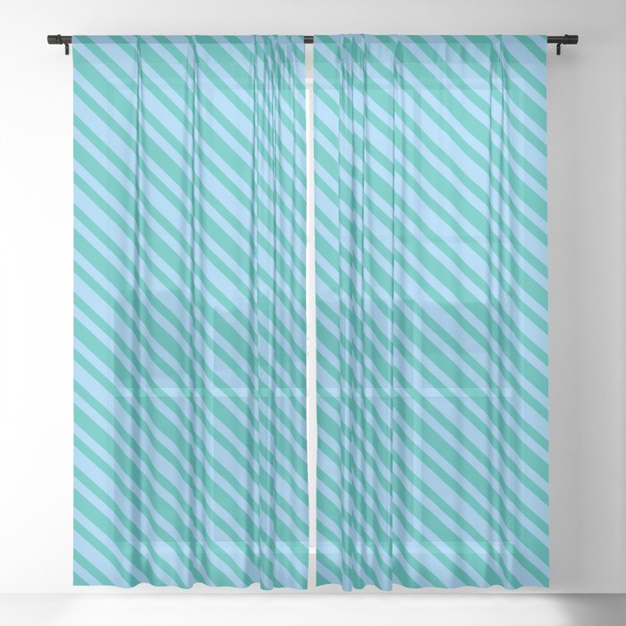 Light Sky Blue and Light Sea Green Colored Stripes Pattern Sheer Curtain