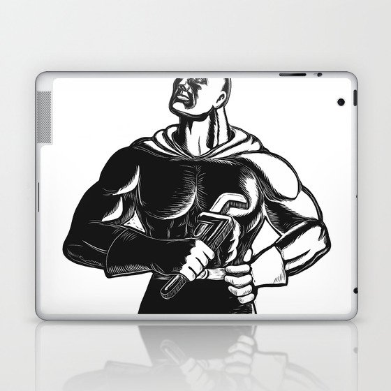 Superhero Plumber With Wrench Woodcut Laptop & iPad Skin