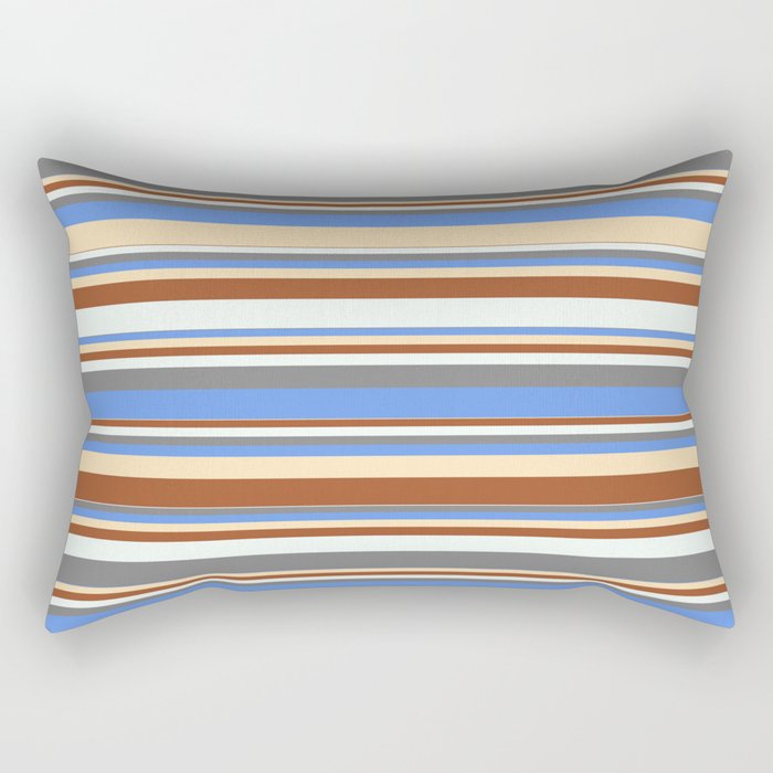 Colorful Sienna, Mint Cream, Gray, Cornflower Blue & Beige Colored Striped Pattern Rectangular Pillow