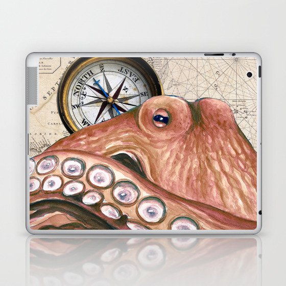 Red Octopus Compass Vintage Map Nautical Beige Beach Chic Laptop & iPad Skin