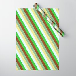 [ Thumbnail: Dark Sea Green, Tan, Light Cyan, Lime Green, and Brown Colored Pattern of Stripes Wrapping Paper ]