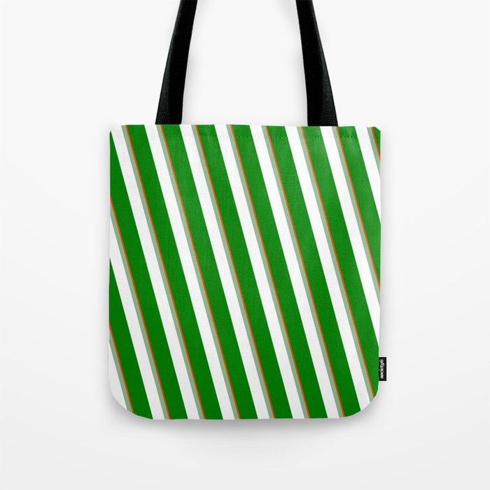 Red, Dark Sea Green, White, and Green Colored Stripes/Lines Pattern Tote Bag