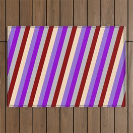 [ Thumbnail: Vibrant Bisque, Purple, Dark Violet, Grey & Dark Red Colored Striped Pattern Outdoor Rug ]