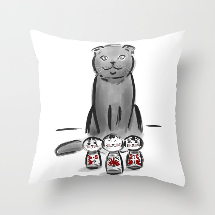 Cat and cat kokeshis Throw Pillow
