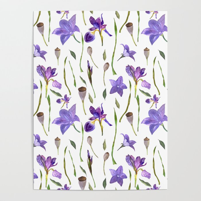 purple iris watercolor pattern Poster