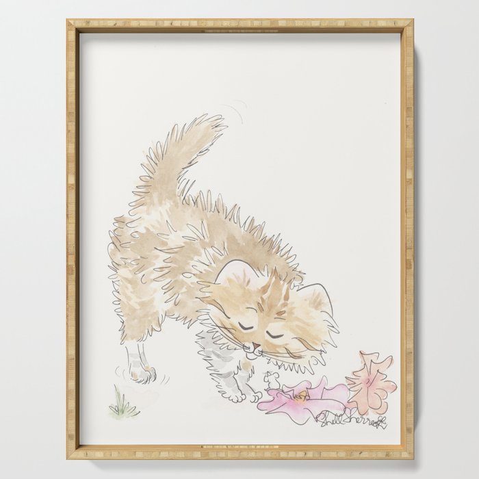 Fluffy Tabby Cat with Flowers and Fur Flying Serving Tray