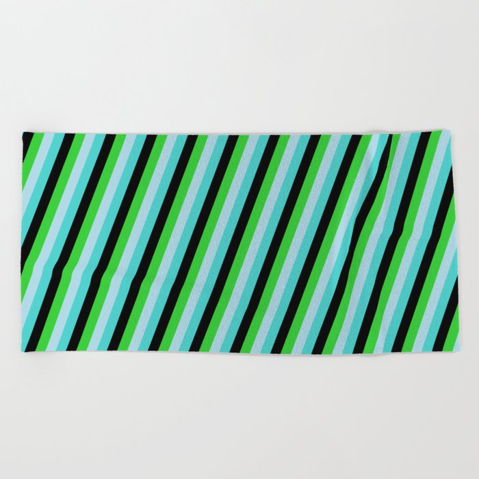 Turquoise, Black, Lime Green, and Light Blue Colored Lines/Stripes Pattern Beach Towel