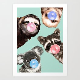 Cute Animals Bubble Gum Gang in Green Art Print