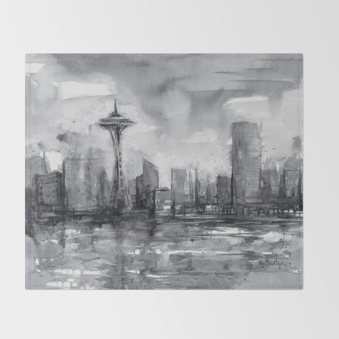 Seattle Skyline Painting Watercolor Black And White Space Needle