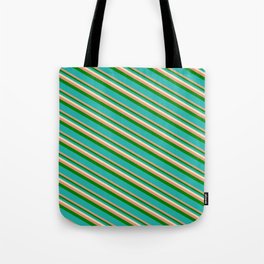 [ Thumbnail: Beige, Dark Salmon, Green & Light Sea Green Colored Lines Pattern Tote Bag ]