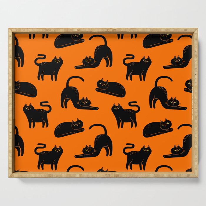 Halloween black cat animal pattern cartoon illustration Serving Tray