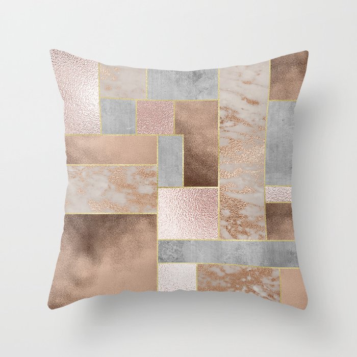 Copper and Blush Rose Gold Marble Quadrangle Geometrical Shapes Throw Pillow