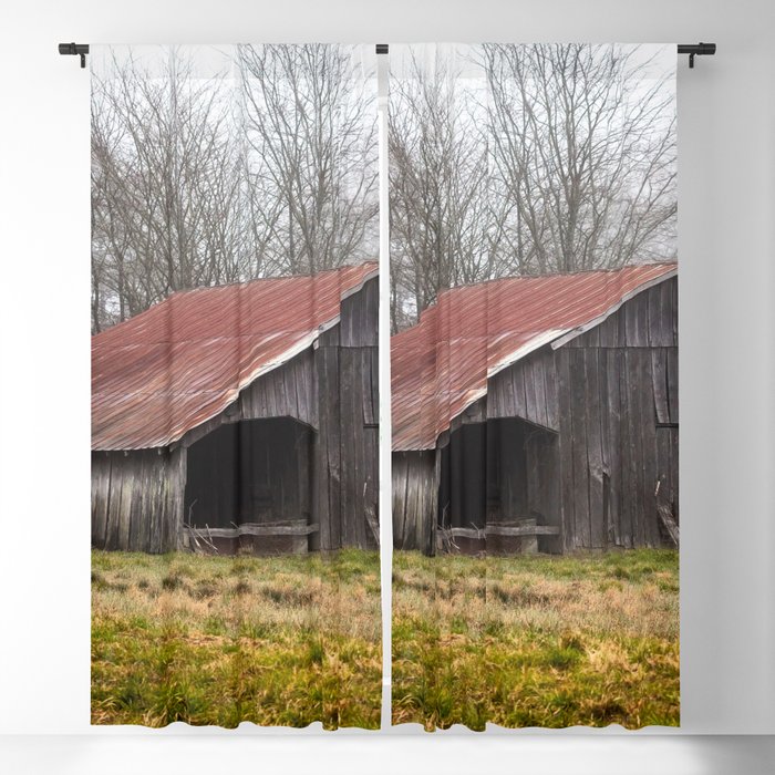 Barn in the Mist - Rustic Barn with Red Tin Roof on Foggy Day in Arkansas Blackout Curtain