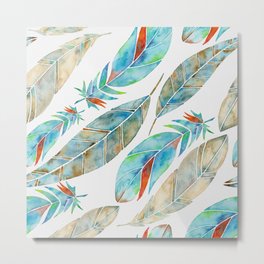 Watercolor Feathers Pattern- Tan & Turquoise  Metal Print | Tan, Feathers, Nativeamerican, Painting, Featherart, Southwestern, Western, Bird, Birds, Turquoise 