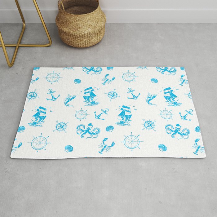Turquoise Silhouettes Of Vintage Nautical Pattern Rug