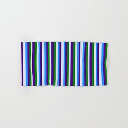 [ Thumbnail: Blue, Lavender, Green, and Indigo Colored Pattern of Stripes Hand & Bath Towel ]