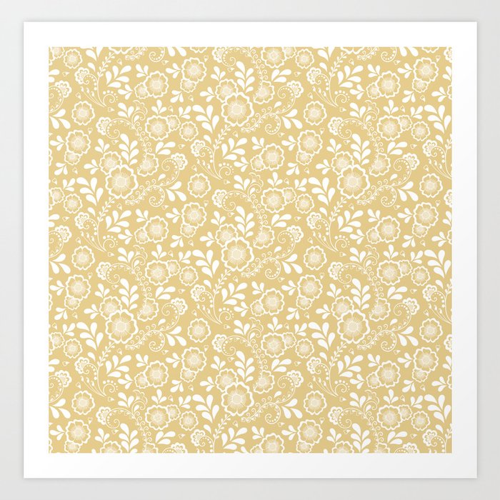 Tan And White Eastern Floral Pattern Art Print