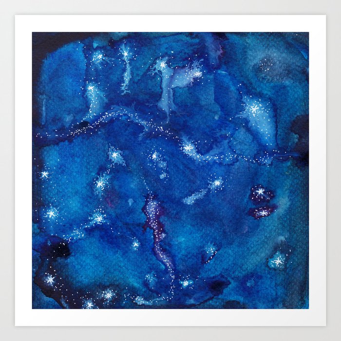 Starry Night Dark Blue Universe Watercolor Painting Art