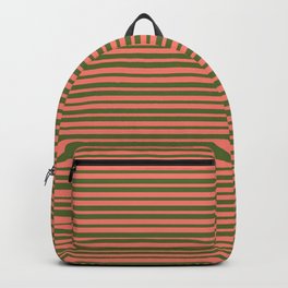 [ Thumbnail: Salmon and Dark Olive Green Colored Striped Pattern Backpack ]