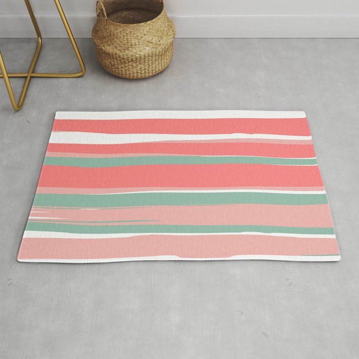 Festive, Abstract, Colorful Stripes, Coral and Green Rug