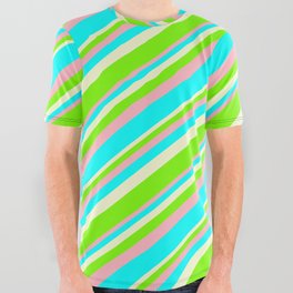 [ Thumbnail: Light Yellow, Green, Light Pink, and Cyan Colored Striped/Lined Pattern All Over Graphic Tee ]