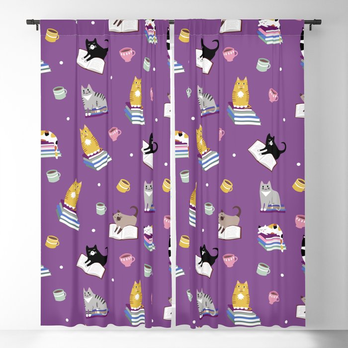 Cats, Books and Coffee on Purple 11000 Blackout Curtain