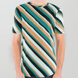 [ Thumbnail: Brown, Dark Cyan, Black, and Light Cyan Colored Stripes Pattern All Over Graphic Tee ]