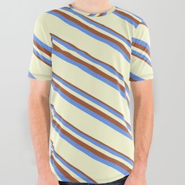 [ Thumbnail: Sienna, Cornflower Blue & Light Yellow Colored Striped/Lined Pattern All Over Graphic Tee ]