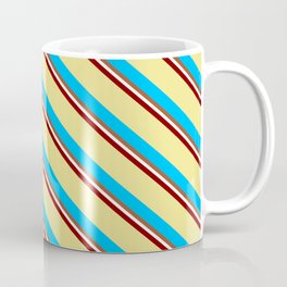 [ Thumbnail: Vibrant Maroon, Tan, Deep Sky Blue, Sienna & White Colored Striped/Lined Pattern Coffee Mug ]