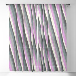[ Thumbnail: Dark Slate Gray, Grey, Orchid, Beige & Black Colored Stripes Pattern Sheer Curtain ]