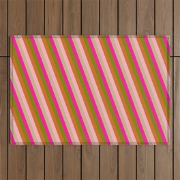 [ Thumbnail: Green, Chocolate, Light Pink, Tan, and Deep Pink Colored Lines/Stripes Pattern Outdoor Rug ]