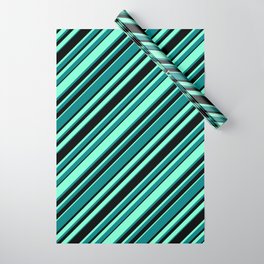 [ Thumbnail: Aquamarine, Teal, and Black Colored Pattern of Stripes Wrapping Paper ]