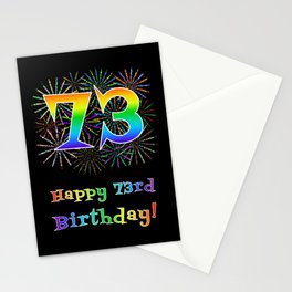 [ Thumbnail: 73rd Birthday - Fun Rainbow Spectrum Gradient Pattern Text, Bursting Fireworks Inspired Background Stationery Cards ]