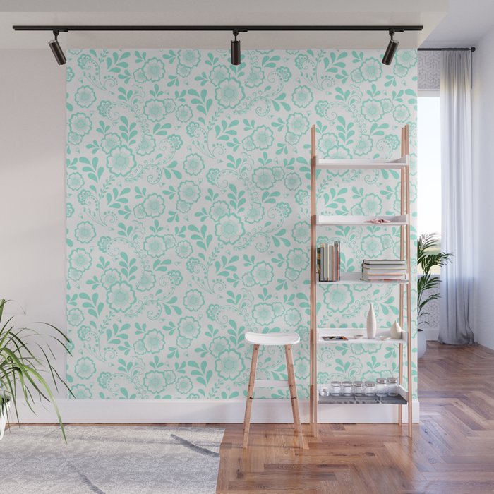 Seafoam Eastern Floral Pattern Wall Mural