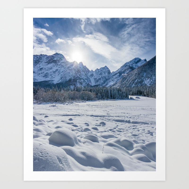 Sunny Winter Day At Snowy Frozen Lake Fusine Art Print By