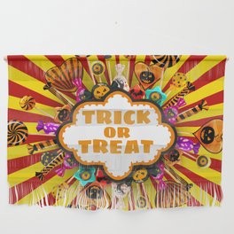 Halloween Trick or Treat Candy and sweets. Autumn october holiday tradition celebration poster. Vintage illustration isolated Wall Hanging