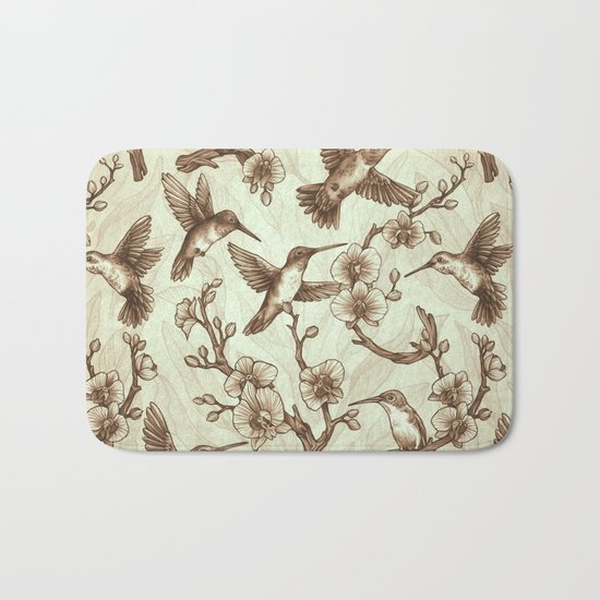 Sepia Hummingbird Pattern Bath Mat