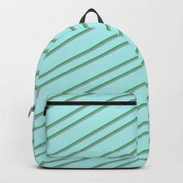 [ Thumbnail: Turquoise, Sea Green, and Dark Grey Colored Striped Pattern Backpack ]