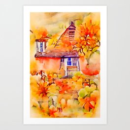 AUTUMN COTTAGE Whimsical Rustic Fall Season Pumpkin Country House Watercolor Painting Art Print