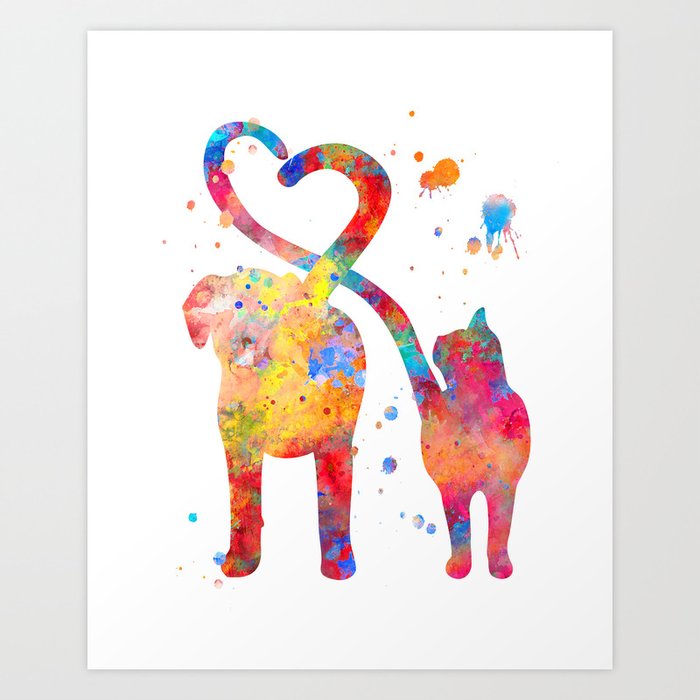 Cat and Dog With Heart Tails Watercolor Painting Art Print