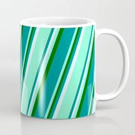 [ Thumbnail: Dark Green, Dark Cyan, Light Cyan, and Aquamarine Colored Lined Pattern Coffee Mug ]
