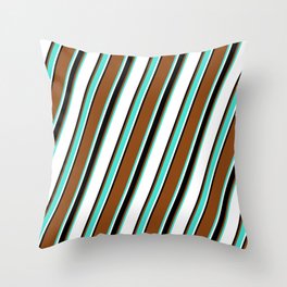 [ Thumbnail: Brown, Turquoise, White, and Black Colored Lines/Stripes Pattern Throw Pillow ]