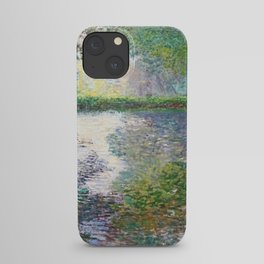 The Pond at Montgeron; autumn leaves mirrored reflection in pond landscape nature painting by Claude Monet iPhone Case
