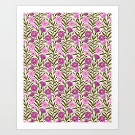 Corncockle Bouquet in Pink and Forest Green on Cream Art Print